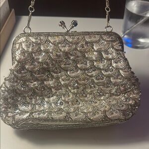 Elegant Silver Beaded Clutch